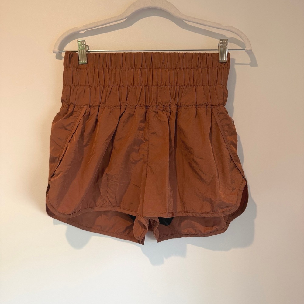 Free People Movement Way Home Shorts, High-Rise, Smocked Waistband, Orange, M